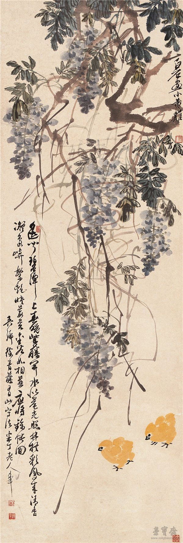 齊白石、陳半丁 紫藤雛雞圖 118cm×40cm