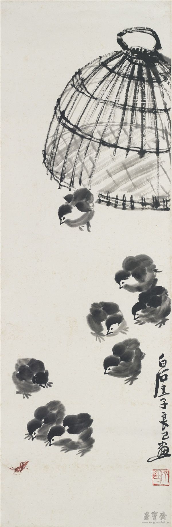 齊良已 群雞逐蟲 103cm×33cm