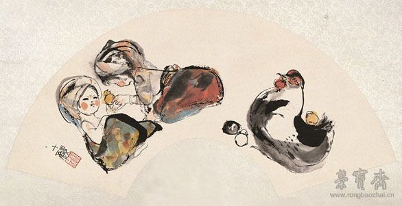 程十發(fā) 育雛圖扇 17.5cm×54cm